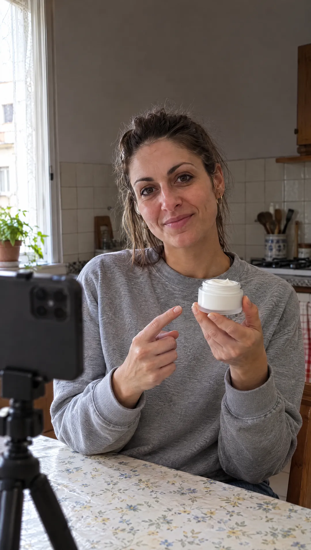 Una ragazza nella sua cucina gira col telefono sul treppiede il video di una crema